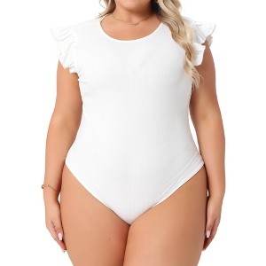 Agnes Orinda Women's Plus Size Ribbed Ruffle Sleeve Stretchy Bodysuit - 1 of 4