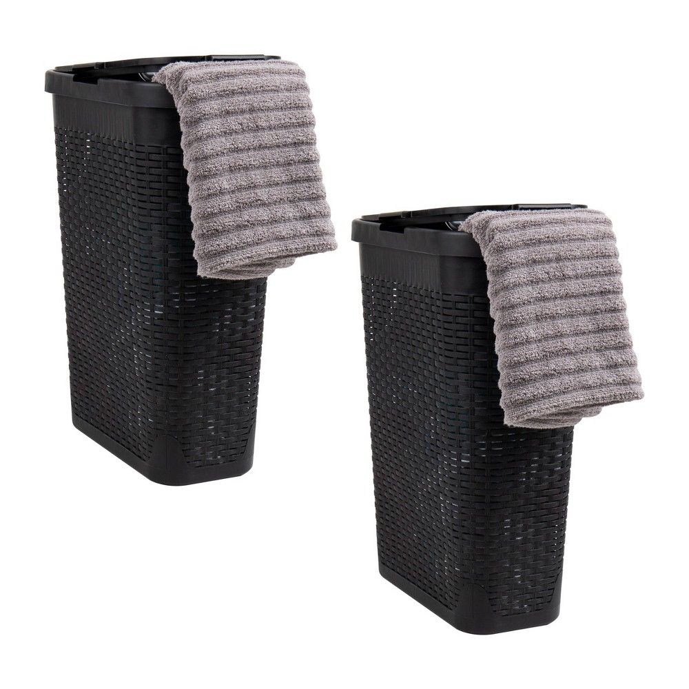 Mind Reader 2pk 40L Premium Wicker Look Slim Hamper Black