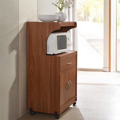 Cherry Wood Microwave Kitchen Cart with Storage and Wheels