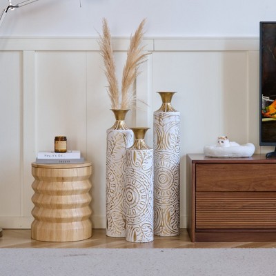 Grungis Set of 3 White & Gold Textured Metal Flower Vases,33.4", 28.7", 24" Tall Geometric Cylinder Decorative Vases for Luxury Home Decor,White+Gold