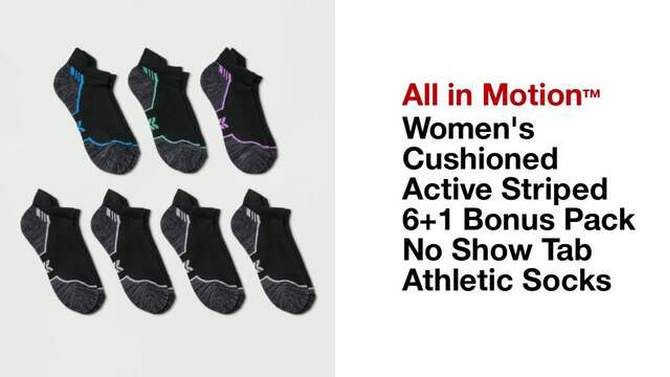 Women&#39;s Cushioned Active Striped 6+1 Bonus Pack No Show Tab Athletic Socks - All In Motion&#8482; Black 4-10, 2 of 5, play video