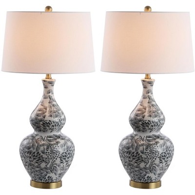 Exotic Floral Black & White Ceramic Table Lamp Set with Brass Accents