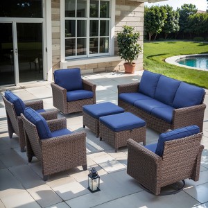Buenhomino 7-Piece Outdoor Set – Sofa, 2 Swivel Chairs, 2 Single Chairs & 2 Ottomans, Handwoven Wicker, Weather-Resistant Cushions - 1 of 4