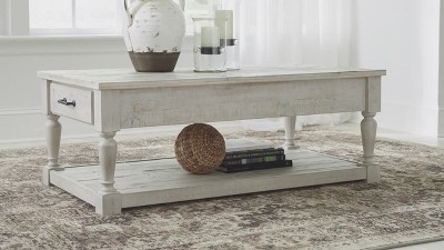 Whitewash Rectangular Pine Wood Cocktail Table with Storage