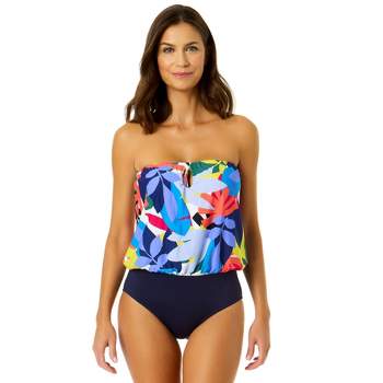 Anne Cole Women's Tropic Stamp Strapless Blouson Keyhole One Piece Swimsuit