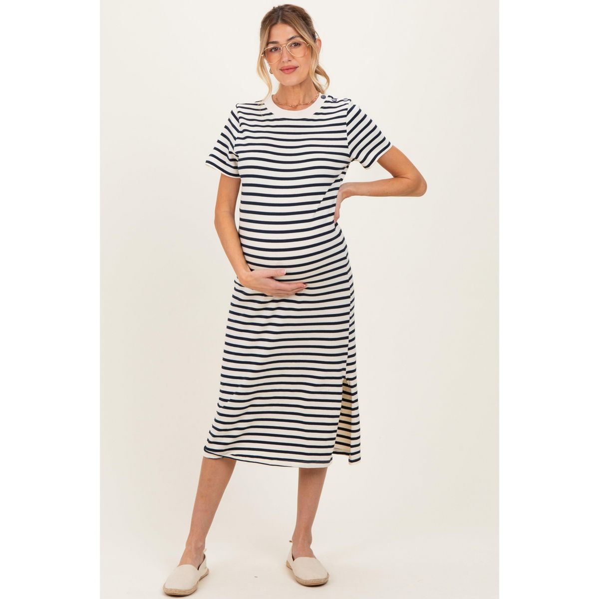 Pinkblush Navy Striped Short Sleeve Maternity Midi Dress