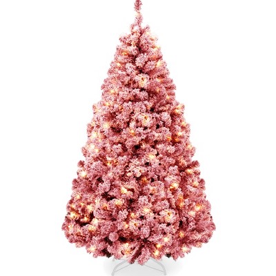 Best Choice Products Pre-Lit Red Christmas Pine Tree w/ Flocked Branches, Warm-White Lights