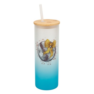 Elanze Designs 25 Ounce Frosted Glass Gradient Travel Tumbler With Straw and Wooden Lid, Baseball Red Paint Splatter Sky Blue