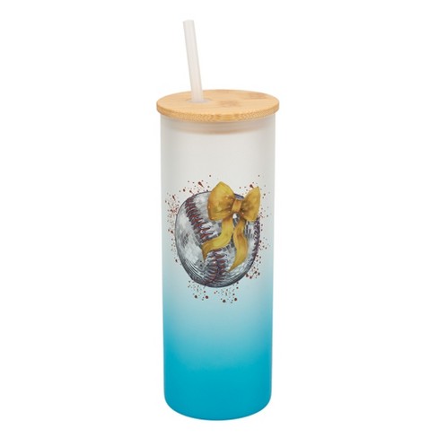 Elanze Designs 25 Ounce Frosted Glass Gradient Travel Tumbler With Straw and Wooden Lid, Baseball Red Paint Splatter Sky Blue - image 1 of 1