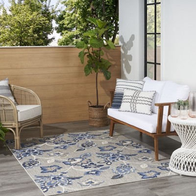 Aloha Floral Essence Blue/Grey Synthetic 5'3" x 7'5" Outdoor Rug