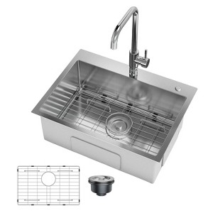 Drop In Kitchen Sink,Stainless Steel Kitchen Single Bowl Sinks, Modern Top Mount 16 Gauge Workstation Sink- with Pull-Down Faucet for Bar - 1 of 4