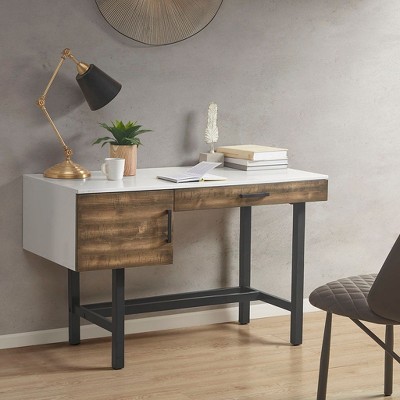 PAGED Computer Desk, Simple Modern Home Office Desk with 6 Open Shelves and Wooden Desktop for Office, Study