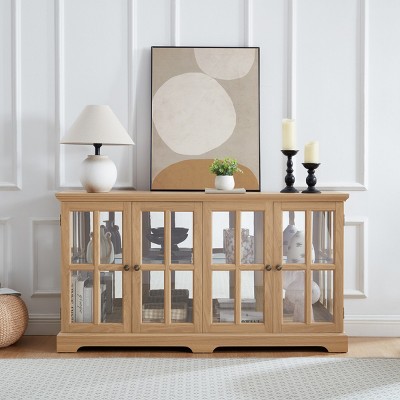 FURNIinspire Utility Storage Cabinets Glass Display Cabinet, Antique Wide Standing Cabinet Showcase For Home Office, Brown, 15.75"*59.06"*32.09"