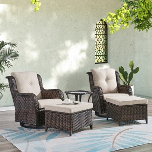 POCASSY 5PCS Patio Furniture Set with Cushioned Outdoor Swivel Rocking Chair, Ottoman and Side Table, All Weather Wicker Outdoor Conversation Set - 1 of 4