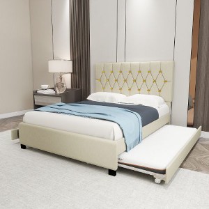 CAVINAS Modern Queen Size Beds with Headboards, Upholstered Bed Frame with Tufting, Pull-Out Twin Trundle, 2 Storage Drawers, No Box Spring Needed - 1 of 4