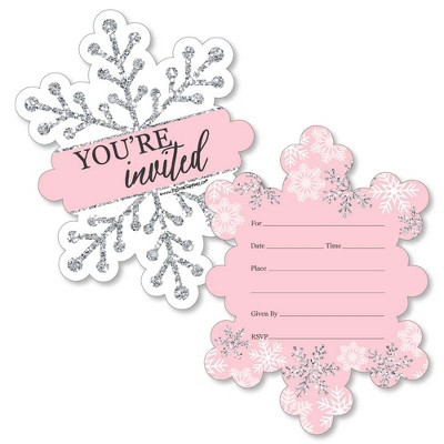 Big Dot of Happiness Pink Winter Wonderland - Shaped Fill-in Invites - Snowflake Birthday Party or Baby Shower Invite Cards with Envelopes - Set of 12