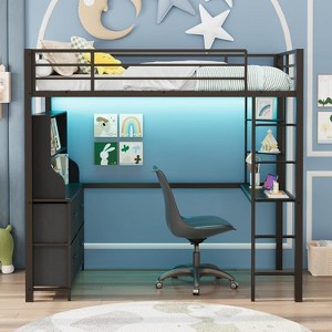 Loft Bed Twin Size with Desk and Storage Shelves, LED Lights, Heavy Duty Metal Loft Bed with Safety Guardrail and Ladder, Steel Slats Support, Black - 1 of 4