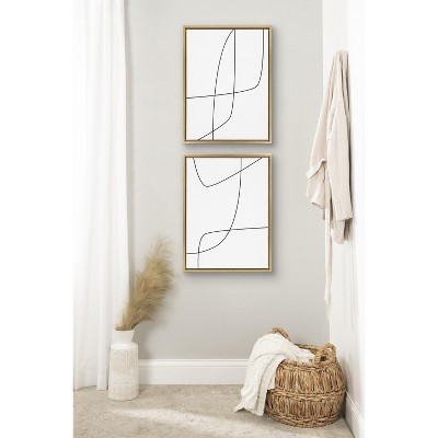 Modern Black and White Abstract Canvas Art with Gold Frame, 18x24, Set of 2
