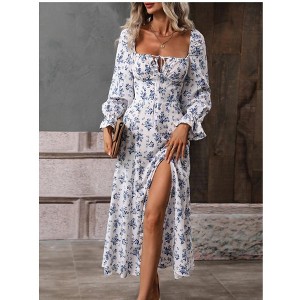 Women's Floral Square Neck Maxi Dress Bubble Long Sleeve Side Slit Flowy Boho Dresses - 1 of 4