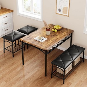 GOCAPTAIN Dining Table Set for 4, Kitchen Table Set with Upholstered Dining Bench and Square Stools, Metal Frame with Storage Shelves for Apartment - 1 of 4