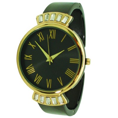 Olivia Pratt Elegant Emerald Rhinestone Solid Metal Bangle Watch