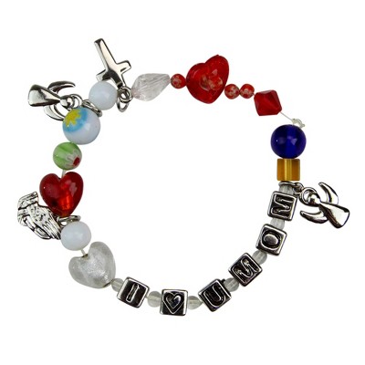 Roman 7.5" Red and Gray 'I Love Mom' Glass Beaded Bracelet