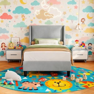 Acekool Full Bed Frame with Headboard and Wingback, Elegant Vertical Stripe Velvet Upholstery,2 Storage Pockets, Wood Slat Support,Beige - 1 of 4