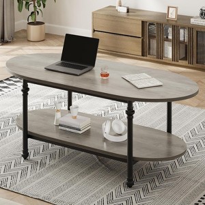 Farmhouse Oval Coffee Table, 2 Tier Center Table with Open Storage, Modern Industrial Tea Table, Wooden Cocktail Table with Metal Frame - 1 of 4