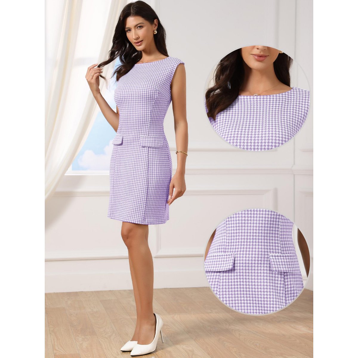 Женские платья INSPIRE CHIC Women's Plaid Sleeveless Boat Neck Vintage Houndstooth Work Dresses Small Purple — фото 2