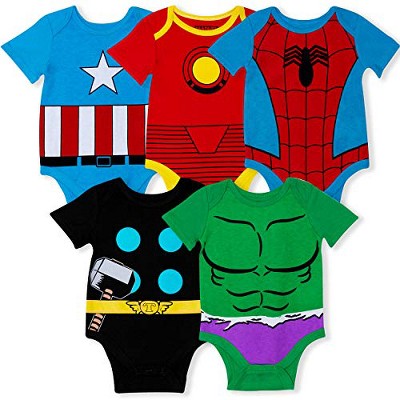 Marvel Boy's 5-Pack Avengers Roleplay Baby Bodysuit Creeper Set - Captain America, Iron-Man, Spider-Man, Thor, Hulk for Infant