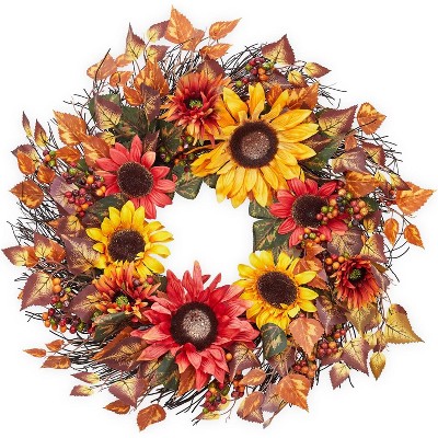 24 Inch Fall Wreath for Front Door, Harvest Wreath with Sunflower, Berries, Leaves