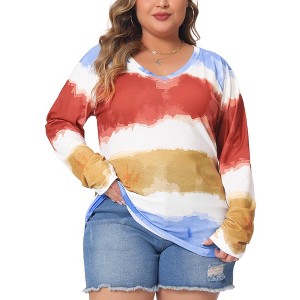 Agnes Orinda Women's Plus Size Tie Dye V-Neck Long Sleeve Casual Outfits T-shirts - 1 of 4