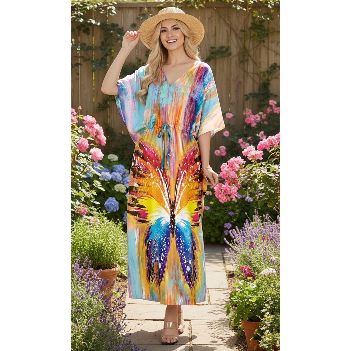 HAPPY BAY Women's Summer Vacation Loungewear Casual Long Kaftan Beach Cover Up Dress Maxi Dresses Caftans for Women One Size Multi Butterfly - thumbnail 3