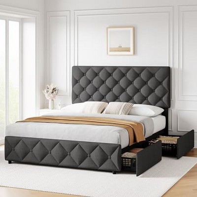 Full Size Bed Frame with 4 Storage Drawers and Headboard, Linen Upholstered Platform Bed Frame