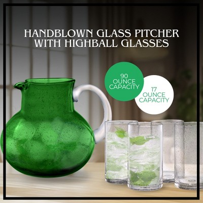 Hand Blown Green Glass Pitcher with Clear Highball Glasses Set