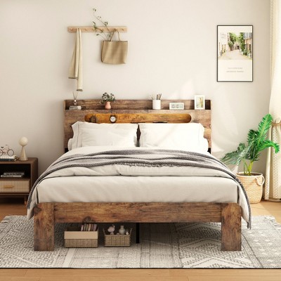 NicBex Full/Queen/King Vintage Bed Frame with 2-Tier Storage & LED Headboard,Modern Platform Bed for Bedroom,No Box Spring Needed