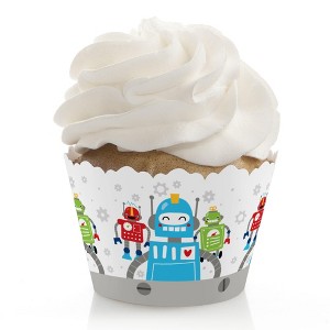 Big Dot of Happiness Gear Up Robots - Birthday Party or Baby Shower Decorations - Party Cupcake Wrappers - Set of 12 - 1 of 4