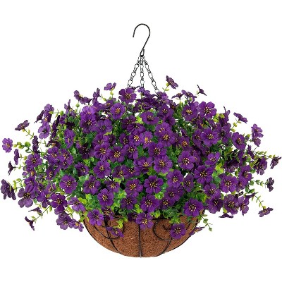 Artificial Faux Hanging Plants Flowers Basket for autumn Outdoor Outside Decoration, Fake Silk UV Sun Resistant Look Real Colorful Daisy Eucalyptus