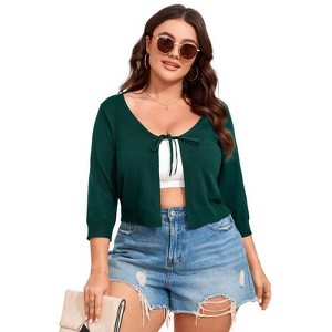 Coolmee Women's Plus Size Bolero Shrug Cropped Cardigan Tie Front Rib Knit Cardigan Sweater - 1 of 4