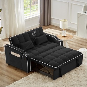 54'' Velvet Foldable Adjustable Back Sofa Bed with USB Port, Swivel Phone Stand, and Ashtray - 1 of 4