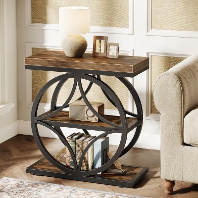 Tribesigns Side Table for Living Room, Industrial End Table with 3-Tier Storage, Wooden Bedside Nightstand with Metal Frame, Brown