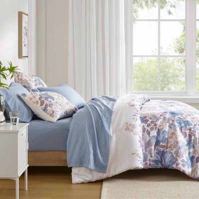 Twin Blue Microfiber Floral Bed in a Bag Set