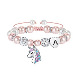 Turandoss Unicorn Bracelet Gifts for Girls - Pink Pearl and Rhinestone Balls Heart Initial Unicorn Bracelets Jewelry Birthday Gifts - 1 of 4
