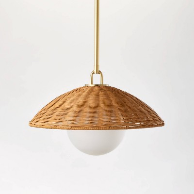 Wicker Dome Pendant with Opal Glass Ball Ceiling Light Brown - Threshold™ designed with Studio McGee: Rattan Chandelier, ETL Listed