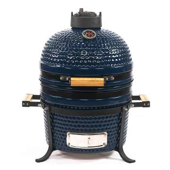 VESSILS 15 Inch Kamado Barbecue Ceramic and Stainless Steel Charcoal Grill with Built-In Thermometer, Iron Top Venting Cap and Cooking Grid, Blue
