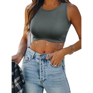 Nlife Womens Western Sparkly Fringe Sleeveless Crop Tops Cowgirl Going Out Cropped Tank Tops with Glitter Tassel - 1 of 4