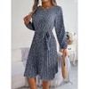 Coolmee Women Casual Smocked Crew Neck Floral Long Sleeve A-Line Swing Midi Dress With Belt - 2 of 4