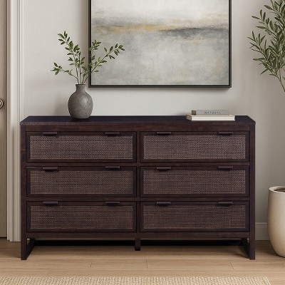 Teamson Home Hatteras Dresser with 6 Rattan Inset Drawers, Faux Leather Pulls & Deep Storage