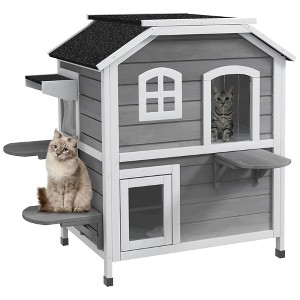 PawHut Wooden 2-Story Outdoor Cat House, Feral Cat Shelter Kitten Condo with Escape Door, Openable Asphalt Roof and 4 Platforms - 1 of 4