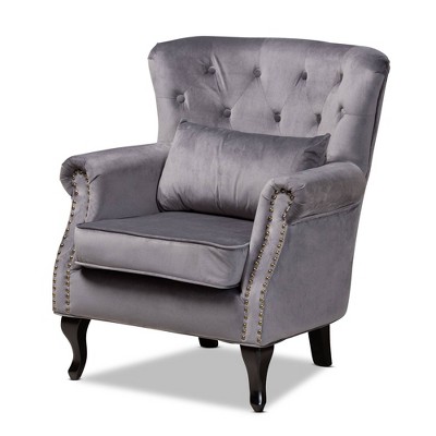 Fletcher Velvet and Wood Armchair Gray/Dark Brown - Baxton Studio